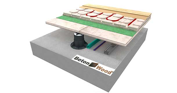 Elevated radiant heating floor system BetonRadiant on BetonWood TG